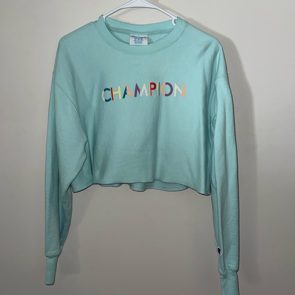 Champion Cropped Pastel Blue Sweatshirt with Multicolor Logo